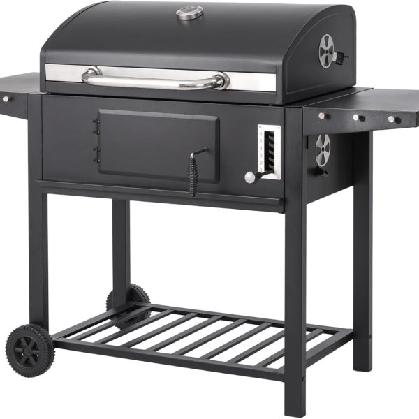 Charcoal BBQ Grill with large cooking area, adjustable heat control, thermometer & foldable side tables. Perfect for garden BBQs