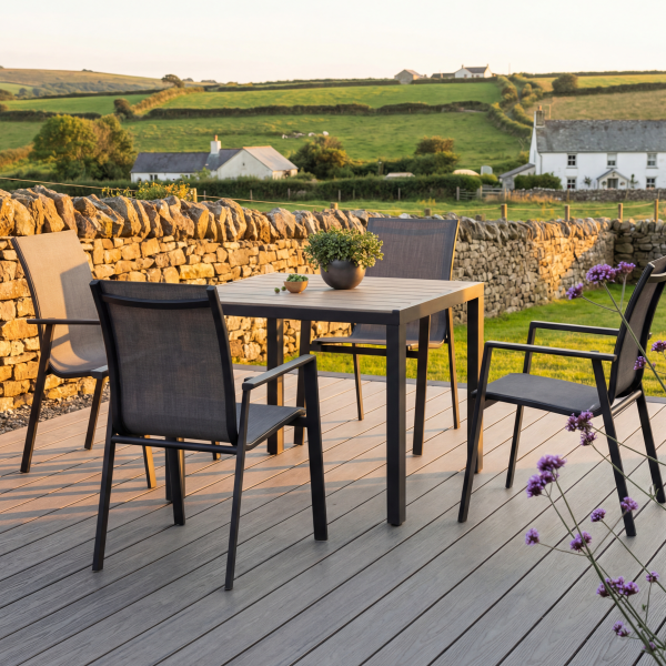 4 textilene armchairs 89x89cm table