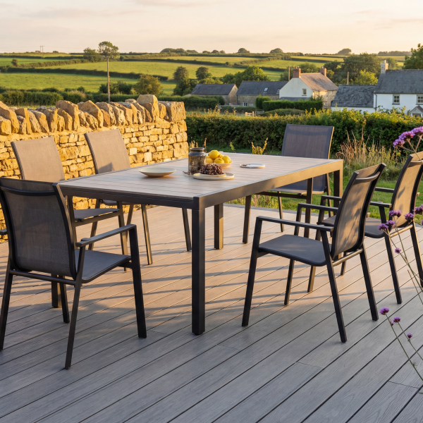 6 seater garden dining set, aluminium garden furniture UK, stacking garden chairs, wood effect garden table, patio dining set 6 seater, royal garden catala set, outdoor dining furniture UK