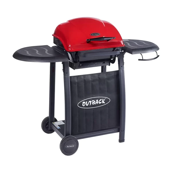 charcoal BBQ, compact barbecue grill, garden BBQ UK, Outback Omega 201, charcoal grill with side tables, small patio BBQ, red barbecue grill, outdoor charcoal BBQ, family BBQ grill UK