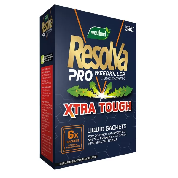 Westland Resolva Pro Xtra Tough Weedkiller box containing 6 liquid sachets covering up to 396m²